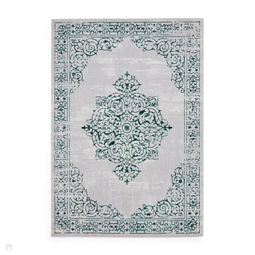 Artemis B9076A Traditional Medallion Border Distressed Metallic Shimmer Textured High-Density Soft-Touch Silver/Green/Cream Rug-Think Rugs-Rug Love - The Most Loved Rug Store